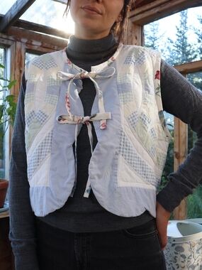 Upcycled Light Blue Patchwork Quilt Tie-Front Vest M • L • XL